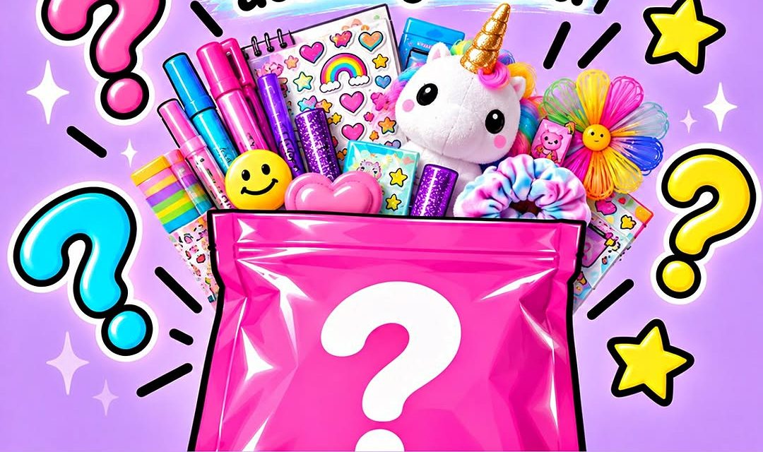 A pink PikPax mystery pouch overflowing with a unicorn plush, stickers, glitter pens and toys
